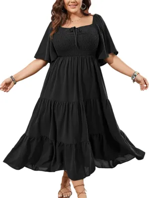 SCOMCHIC Women's Plus Size Flowy Maxi Dress Flutter Short Sleeve Boho Dress Square Neck Smocked Formal Dresses for Women