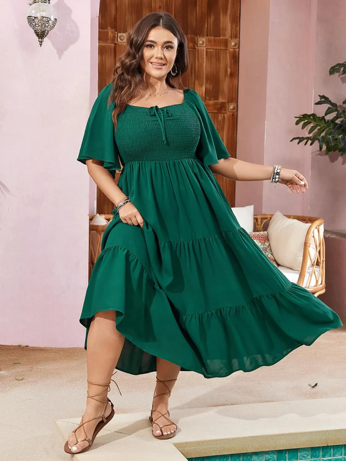 SCOMCHIC Women's Plus Size Flowy Maxi Dress Flutter Short Sleeve Boho Dress Square Neck Smocked Formal Dresses for Women