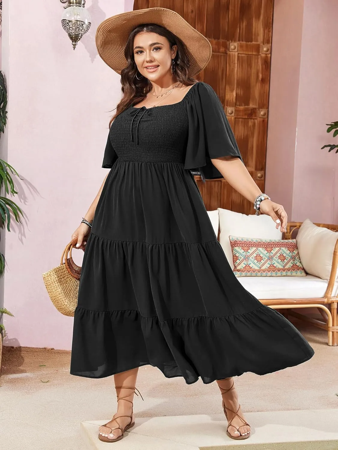SCOMCHIC Women's Plus Size Flowy Maxi Dress Flutter Short Sleeve Boho Dress Square Neck Smocked Formal Dresses for Women
