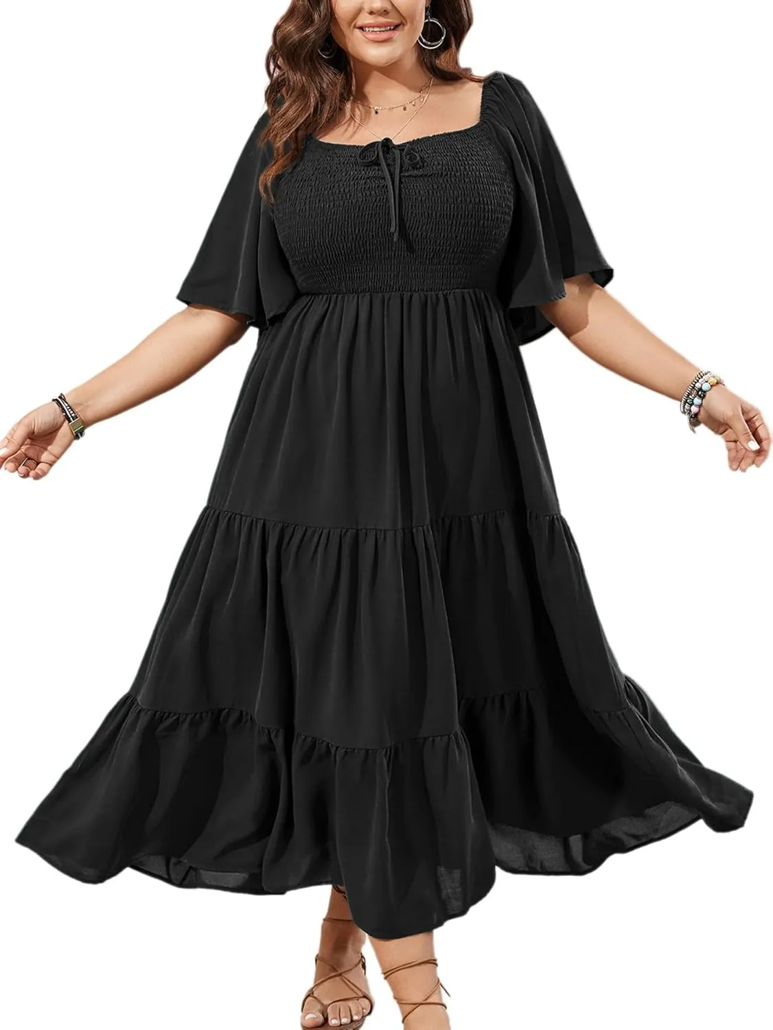 SCOMCHIC Women's Plus Size Flowy Maxi Dress Flutter Short Sleeve Boho Dress Square Neck Smocked Formal Dresses for Women