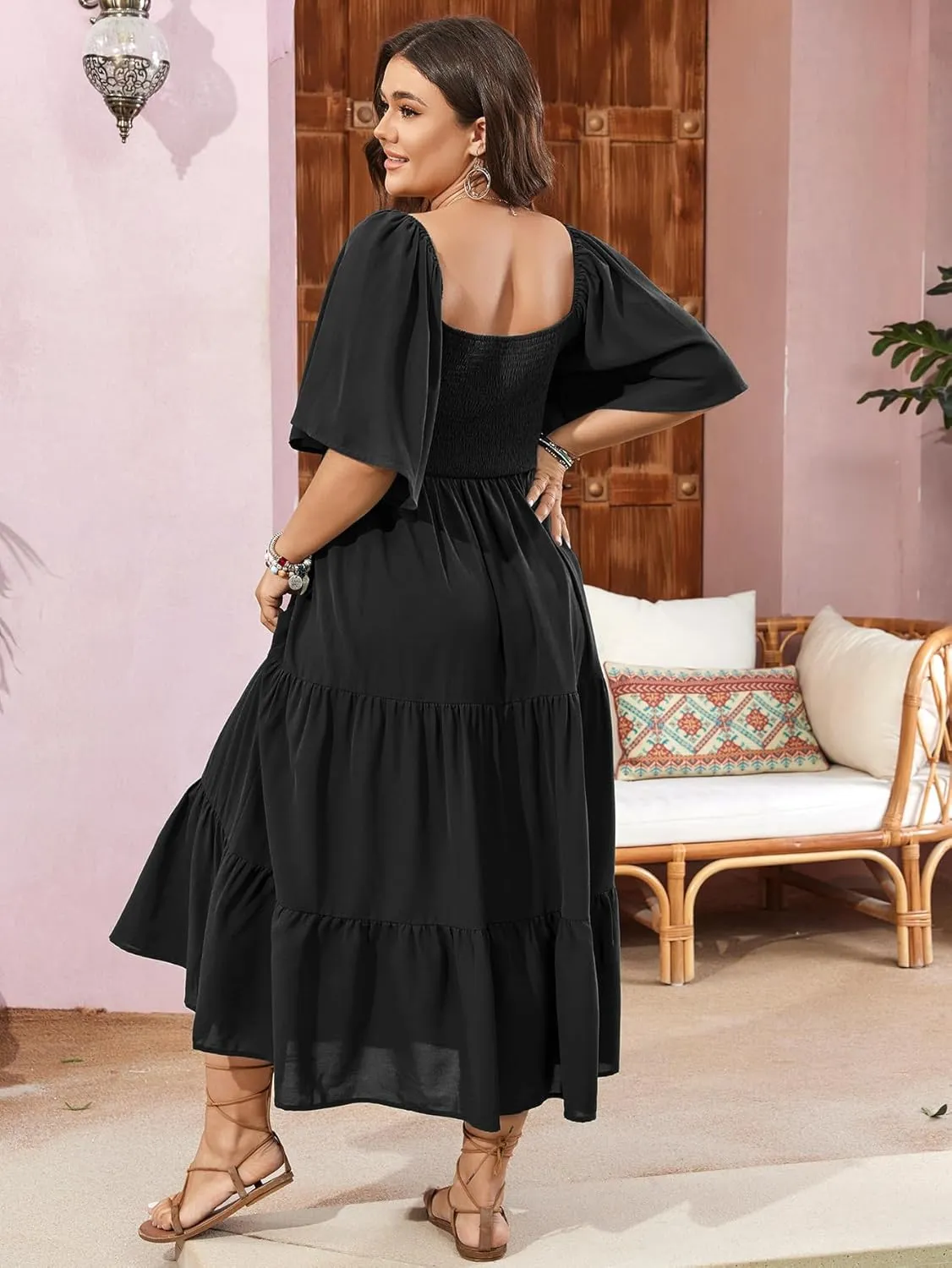 SCOMCHIC Women's Plus Size Flowy Maxi Dress Flutter Short Sleeve Boho Dress Square Neck Smocked Formal Dresses for Women