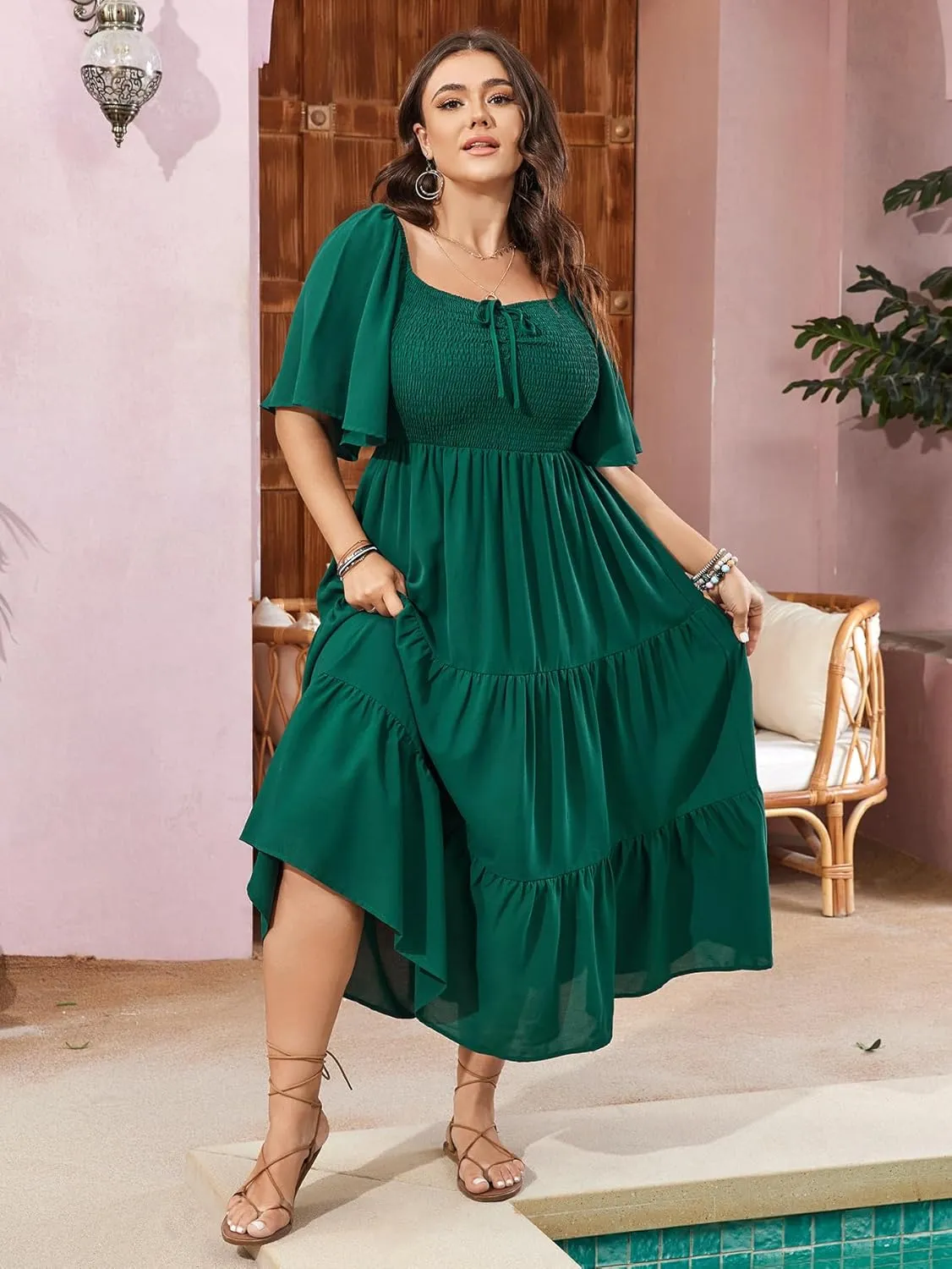 SCOMCHIC Women's Plus Size Flowy Maxi Dress Flutter Short Sleeve Boho Dress Square Neck Smocked Formal Dresses for Women