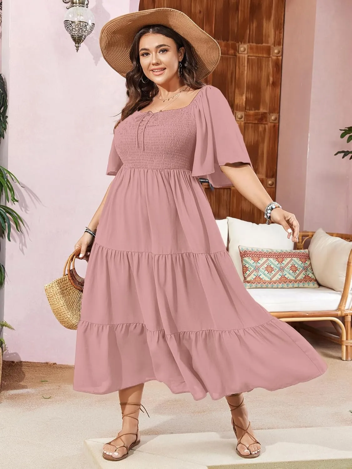 SCOMCHIC Women's Plus Size Flowy Maxi Dress Flutter Short Sleeve Boho Dress Square Neck Smocked Formal Dresses for Women