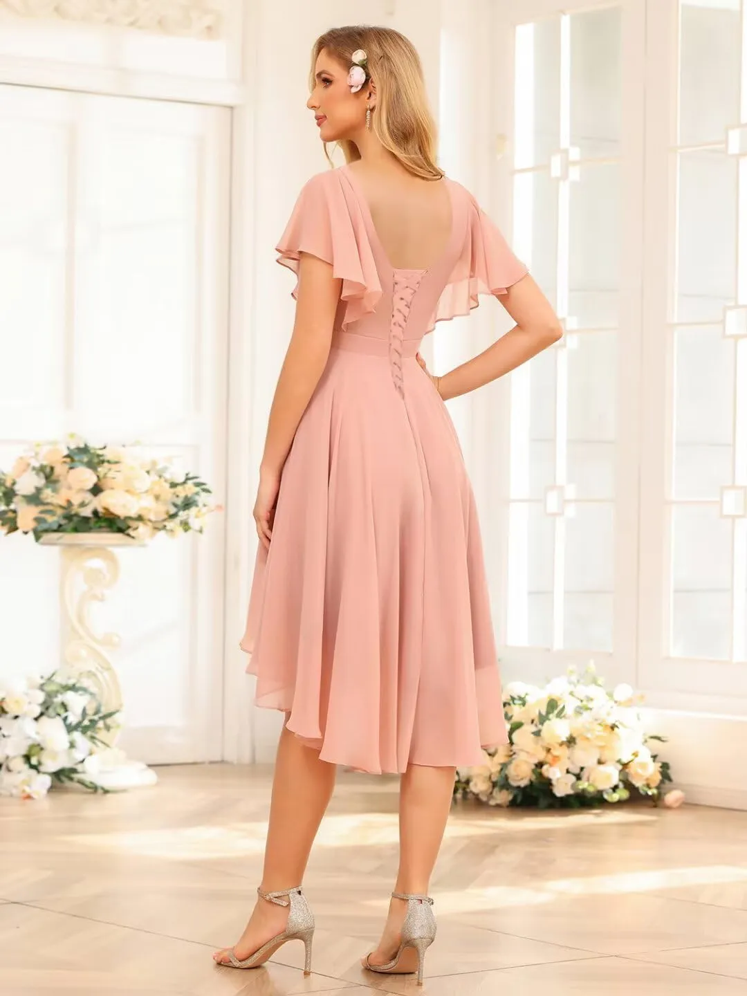 SEIM Women's Short Sleeve Bridesmaid Dresses Short Hi-Low V Neck Chiffon Formal Dresses SE144