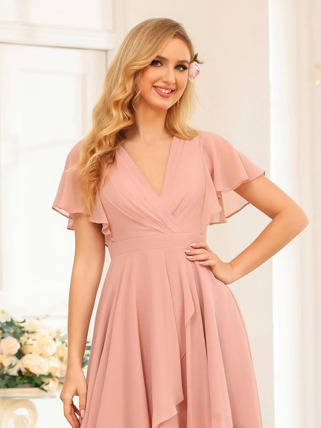 SEIM Women's Short Sleeve Bridesmaid Dresses Short Hi-Low V Neck Chiffon Formal Dresses SE144