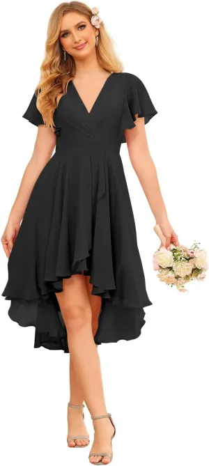 SEIM Women's Short Sleeve Bridesmaid Dresses Short Hi-Low V Neck Chiffon Formal Dresses SE144