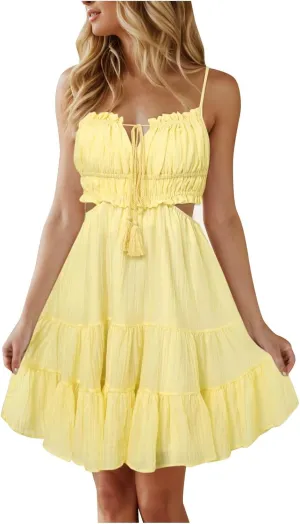 Sexy Dresses for Women Summer Spaghetti Strap Short Dress Side Cutout Drawstring Front Mini Sun Dress Prom Dresses