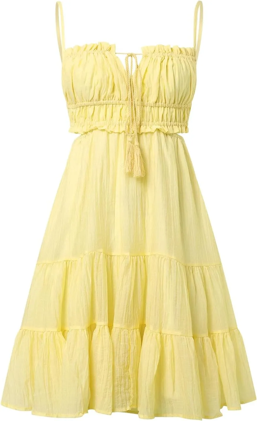 Sexy Dresses for Women Summer Spaghetti Strap Short Dress Side Cutout Drawstring Front Mini Sun Dress Prom Dresses