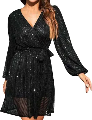 Sexy Sequin Dress for Women Party Night Long Sleeve Wrap V Neck Glitter Dresses Fashion Tie Waist V Neck Midi Dresses