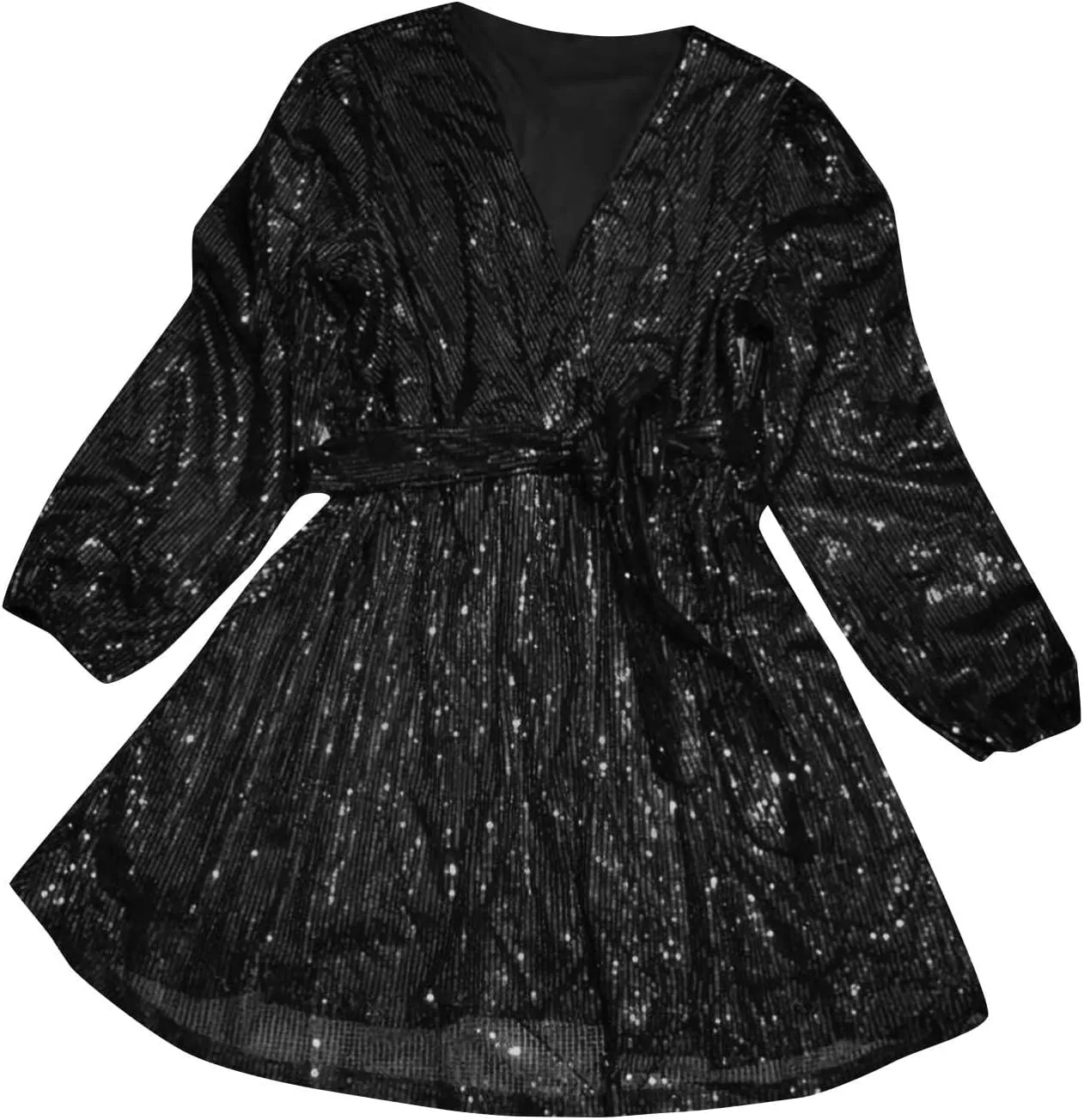 Sexy Sequin Dress for Women Party Night Long Sleeve Wrap V Neck Glitter Dresses Fashion Tie Waist V Neck Midi Dresses