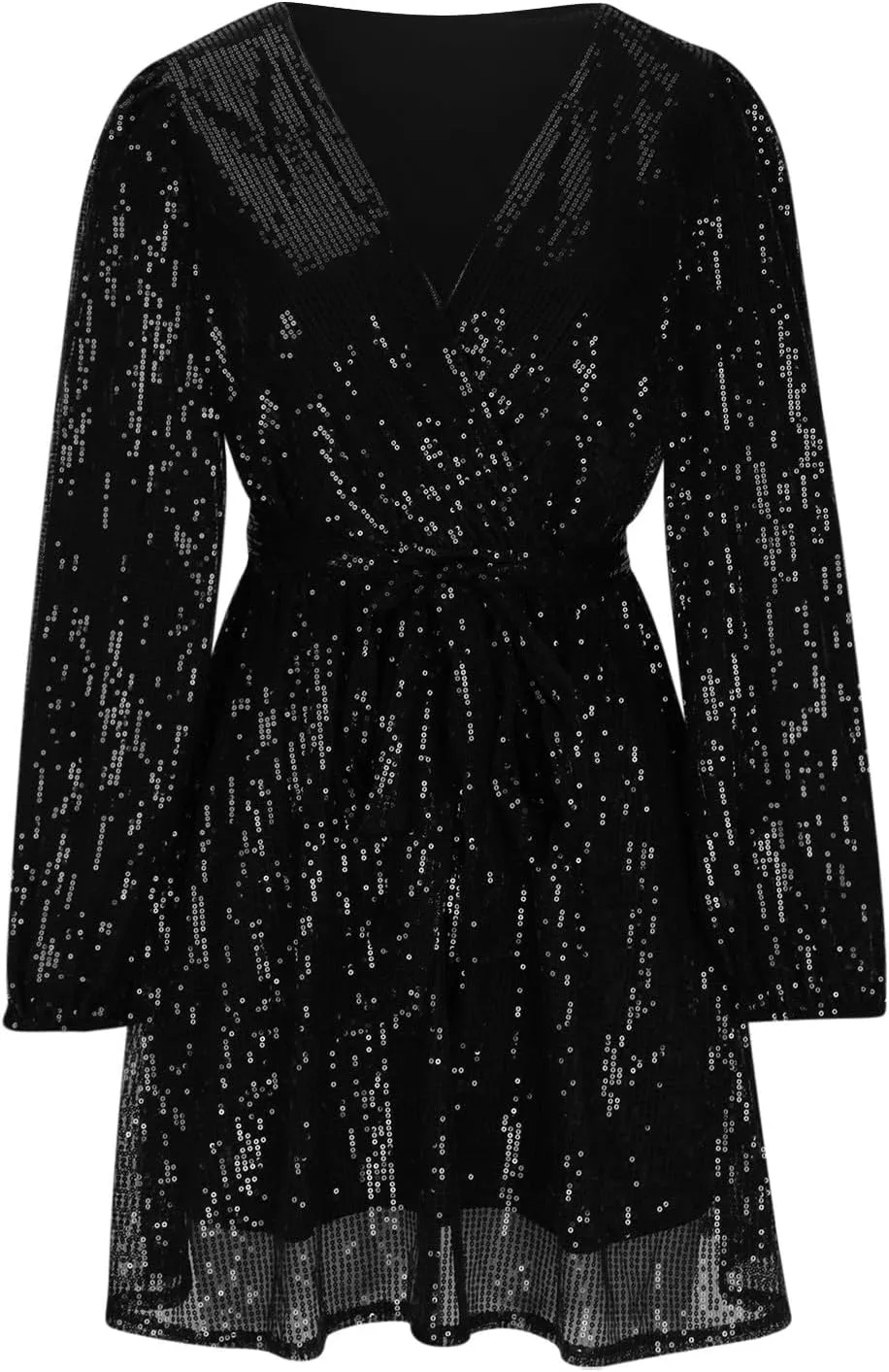 Sexy Sequin Dress for Women Party Night Long Sleeve Wrap V Neck Glitter Dresses Fashion Tie Waist V Neck Midi Dresses
