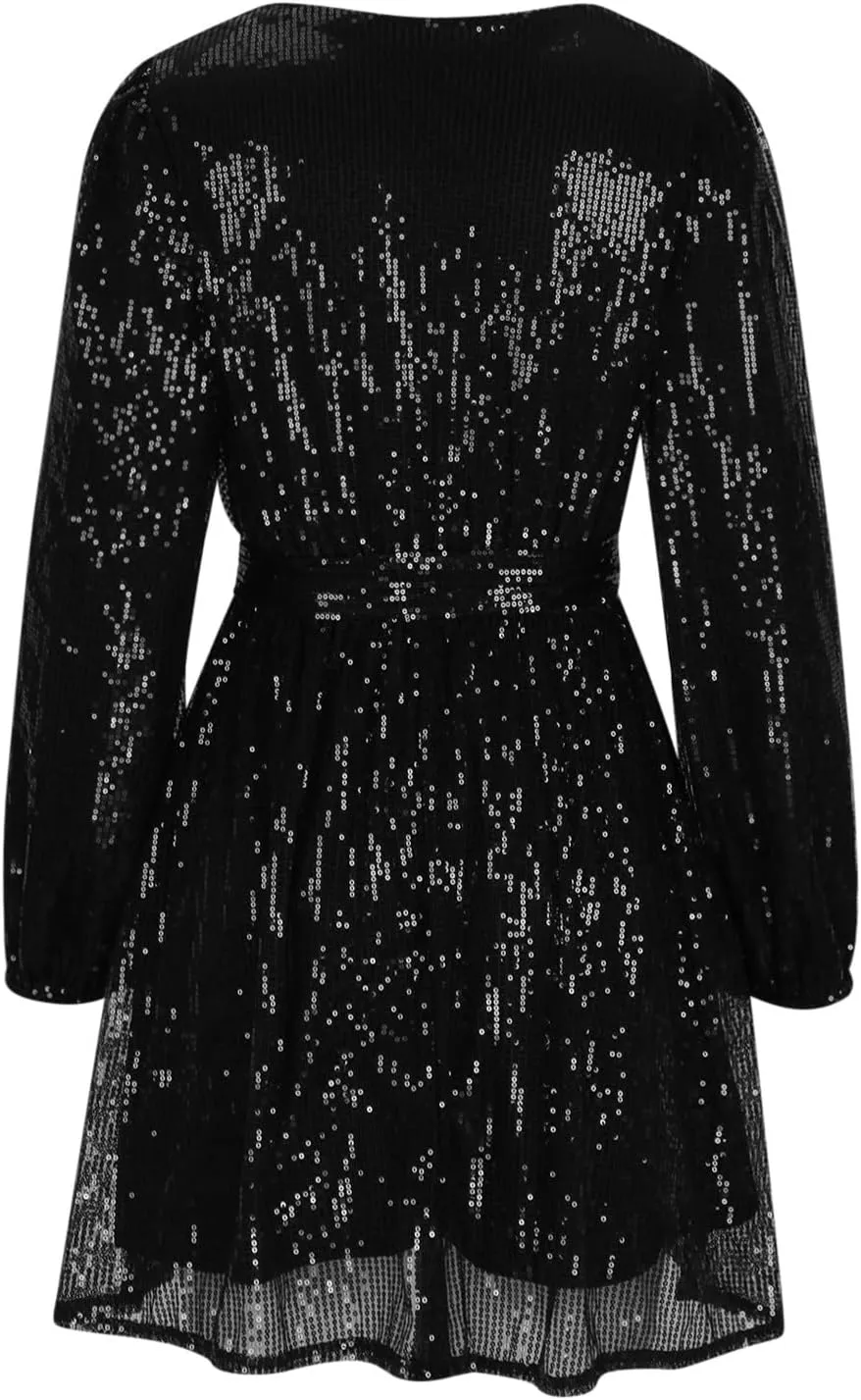 Sexy Sequin Dress for Women Party Night Long Sleeve Wrap V Neck Glitter Dresses Fashion Tie Waist V Neck Midi Dresses