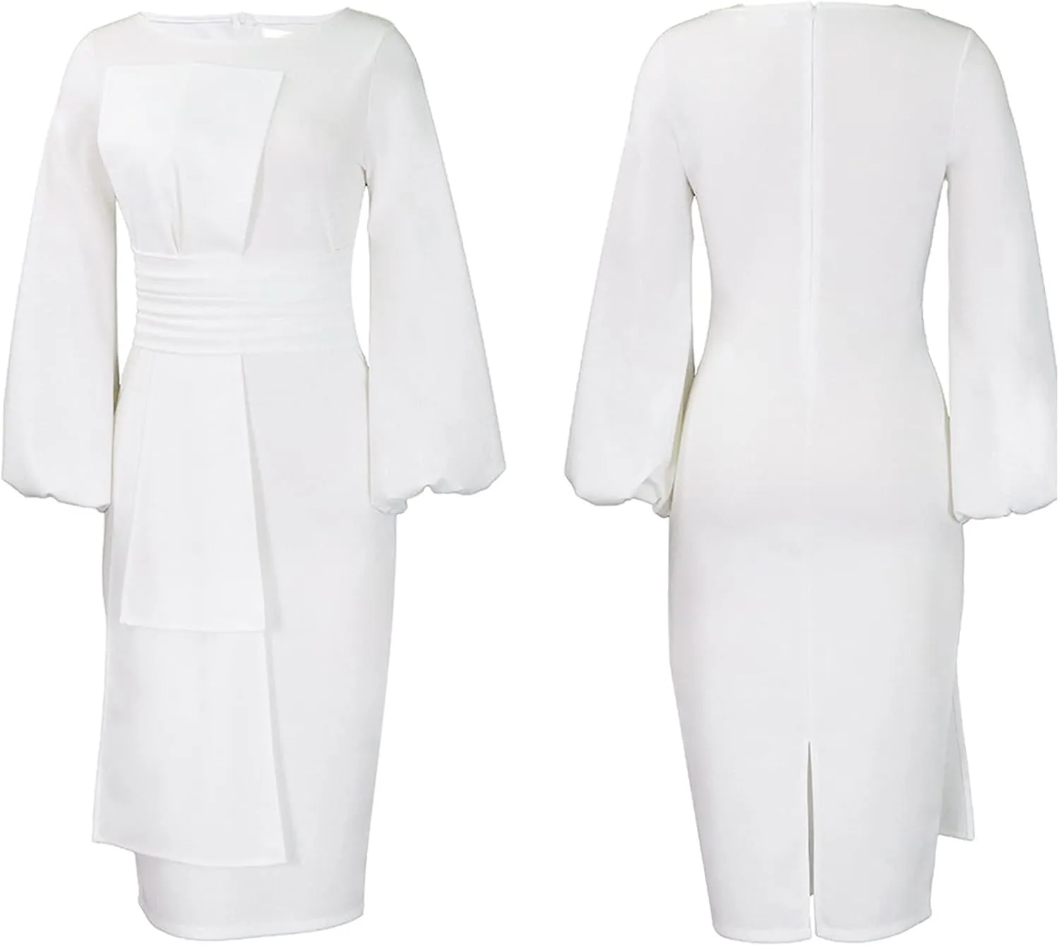 Sexyshine Women's Elegant Formal Dresses Puff Long Sleeve Round Neck Bodycon Business Office Pencil Midi Dress Plus Size