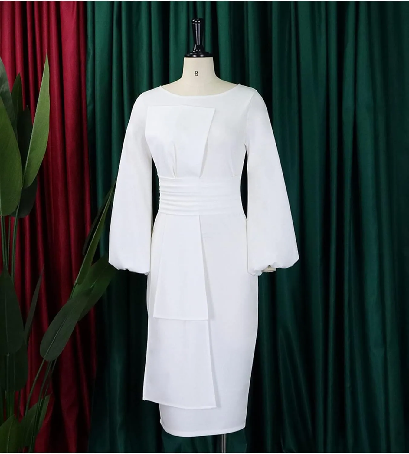 Sexyshine Women's Elegant Formal Dresses Puff Long Sleeve Round Neck Bodycon Business Office Pencil Midi Dress Plus Size