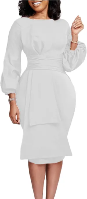 Sexyshine Women's Elegant Formal Dresses Puff Long Sleeve Round Neck Bodycon Business Office Pencil Midi Dress Plus Size