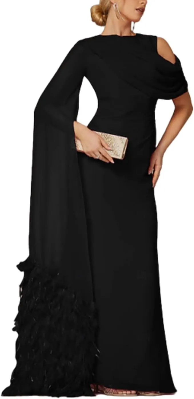 Sheath Elegant Formal Evening Dress Cowl Neck Floor Length Sleeveless Classic Wedding Party Gowns Feather Ruched 2025
