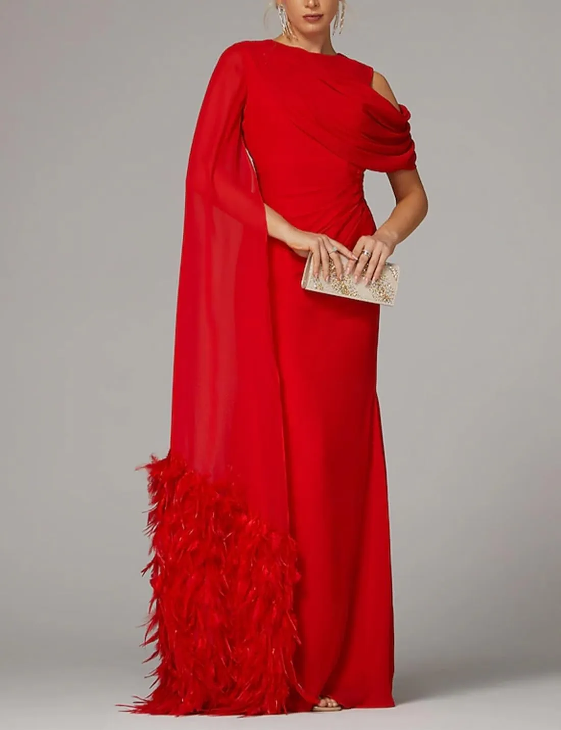 Sheath Elegant Formal Evening Dress Cowl Neck Floor Length Sleeveless Classic Wedding Party Gowns Feather Ruched 2025