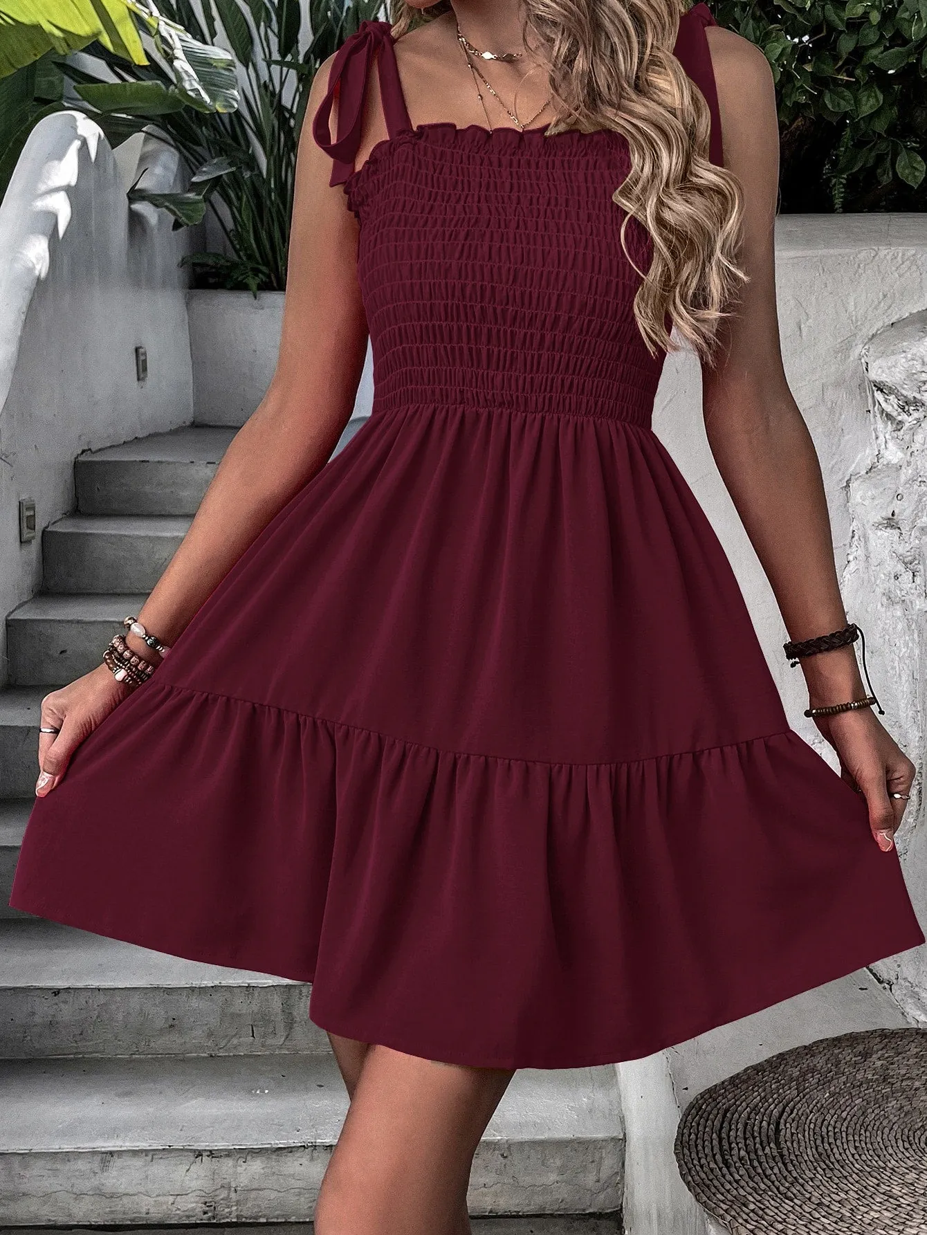 SHEIN VCAY Women's Summer Tie Strap Ruffle Shirred Vacation Casual Dress