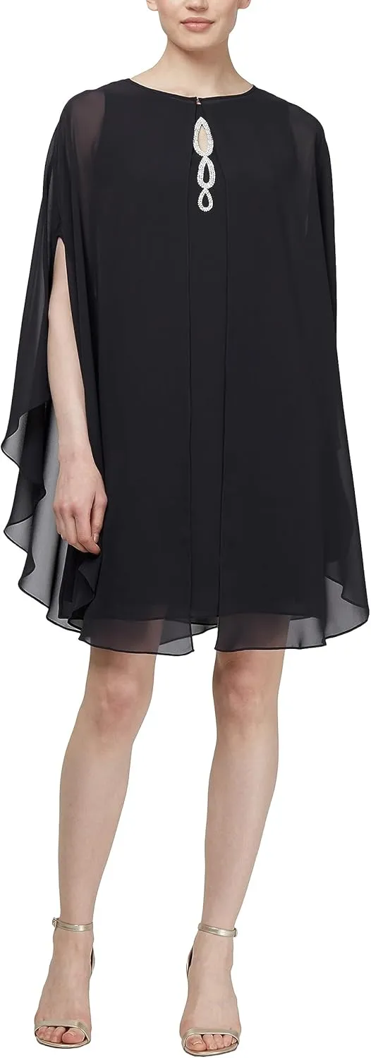 S.L. Fashions Women's Floral Foil Print Sheath Dress with Chiffon Capelet