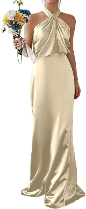 Sleeveless Bridesmaid Dresses Neckless Silk Evening Dress Sexy Backless Wedding Party Dresses