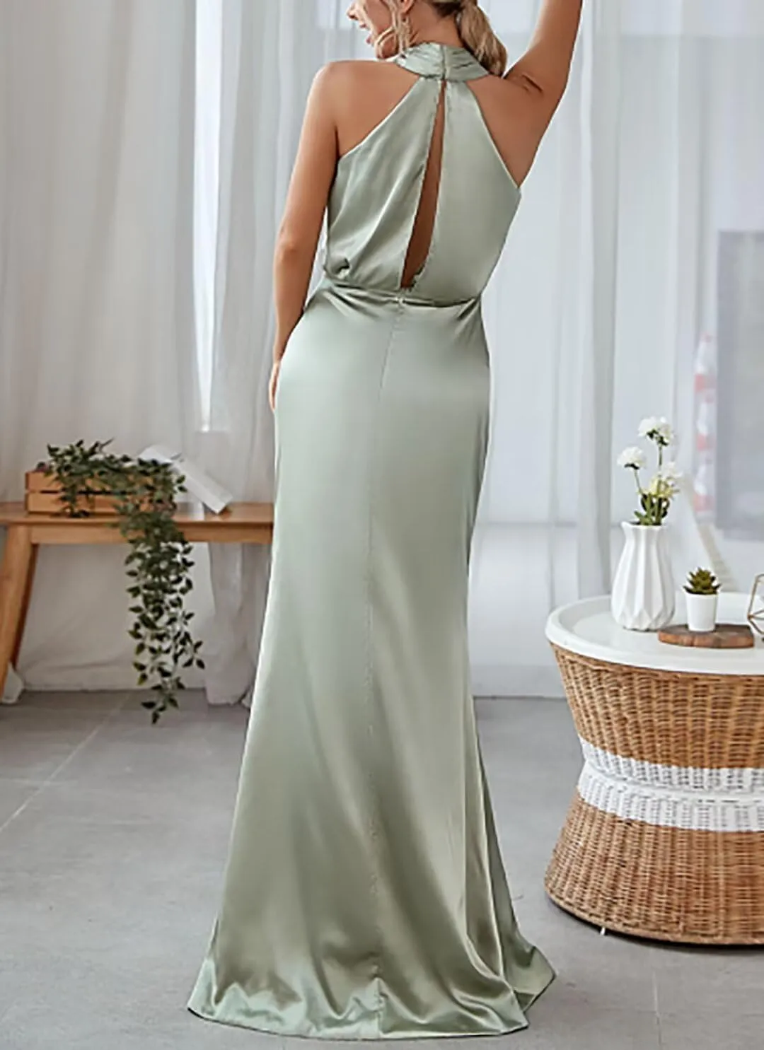 Sleeveless Bridesmaid Dresses Neckless Silk Evening Dress Sexy Backless Wedding Party Dresses