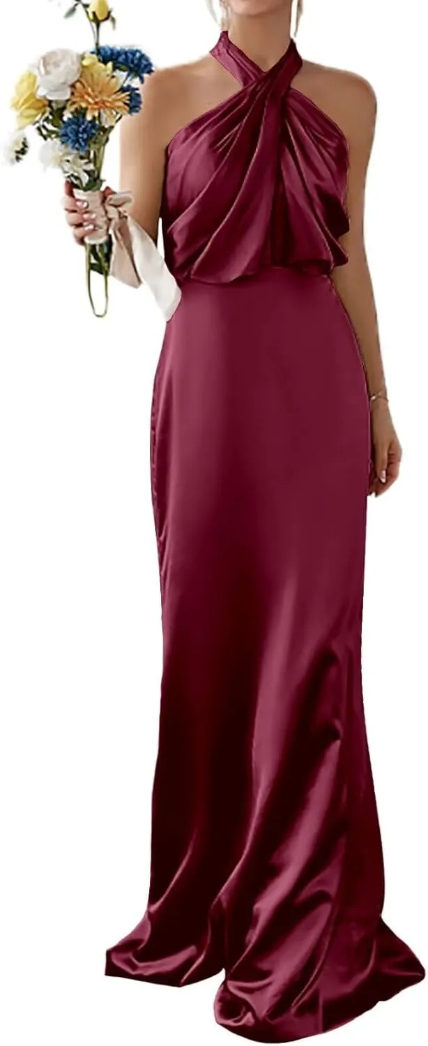 Sleeveless Bridesmaid Dresses Neckless Silk Evening Dress Sexy Backless Wedding Party Dresses