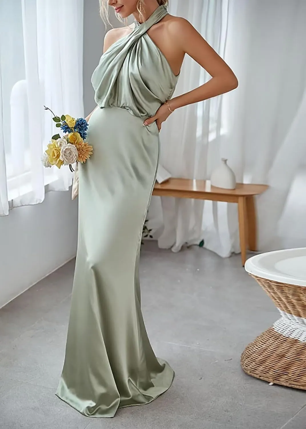 Sleeveless Bridesmaid Dresses Neckless Silk Evening Dress Sexy Backless Wedding Party Dresses