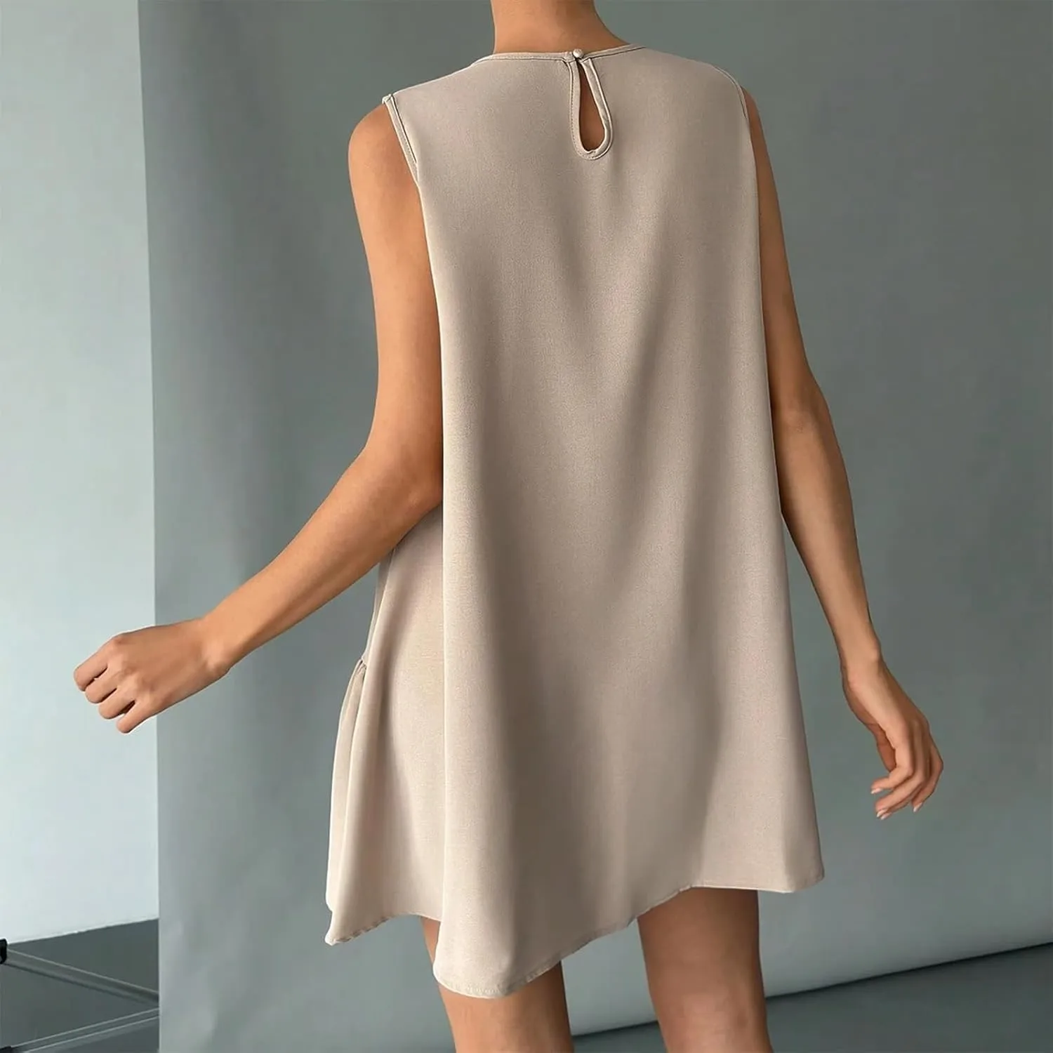 Sleeveless Dress for Women Crewneck Casual Summer Mini Dresses Trendy Ruffle A Line Babydoll Dress Cute Short Sundress