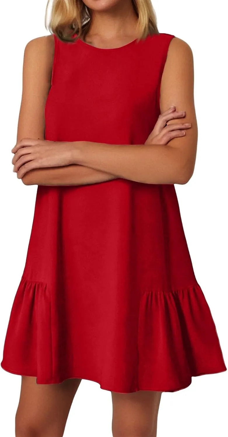 Sleeveless Dress for Women Crewneck Casual Summer Mini Dresses Trendy Ruffle A Line Babydoll Dress Cute Short Sundress