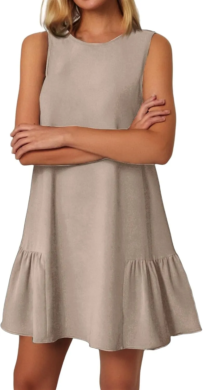 Sleeveless Dress for Women Crewneck Casual Summer Mini Dresses Trendy Ruffle A Line Babydoll Dress Cute Short Sundress