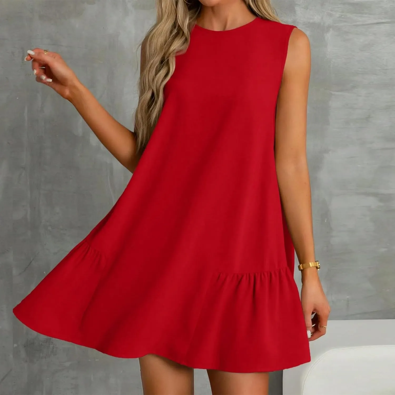 Sleeveless Dress for Women Crewneck Casual Summer Mini Dresses Trendy Ruffle A Line Babydoll Dress Cute Short Sundress