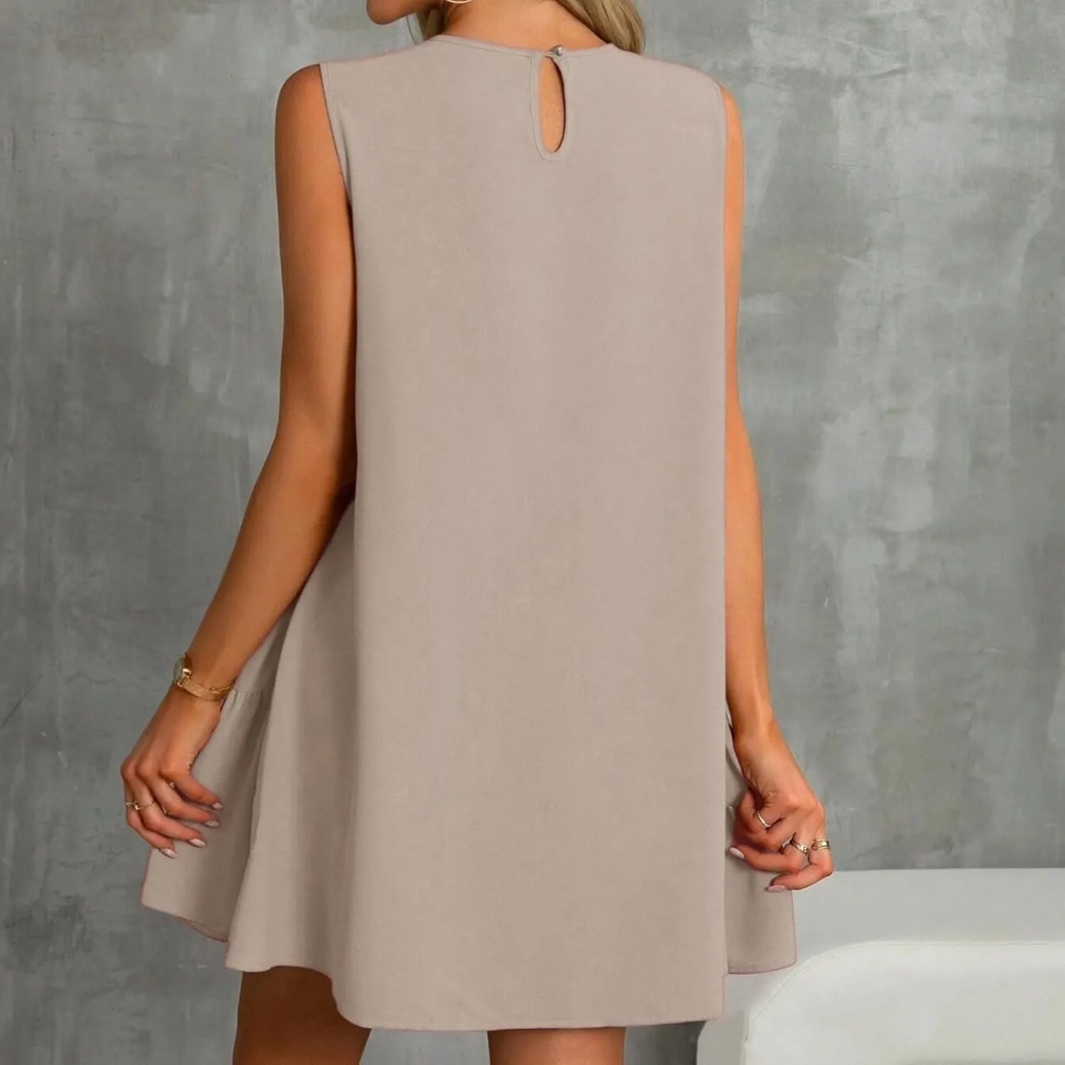 Sleeveless Dress for Women Crewneck Casual Summer Mini Dresses Trendy Ruffle A Line Babydoll Dress Cute Short Sundress