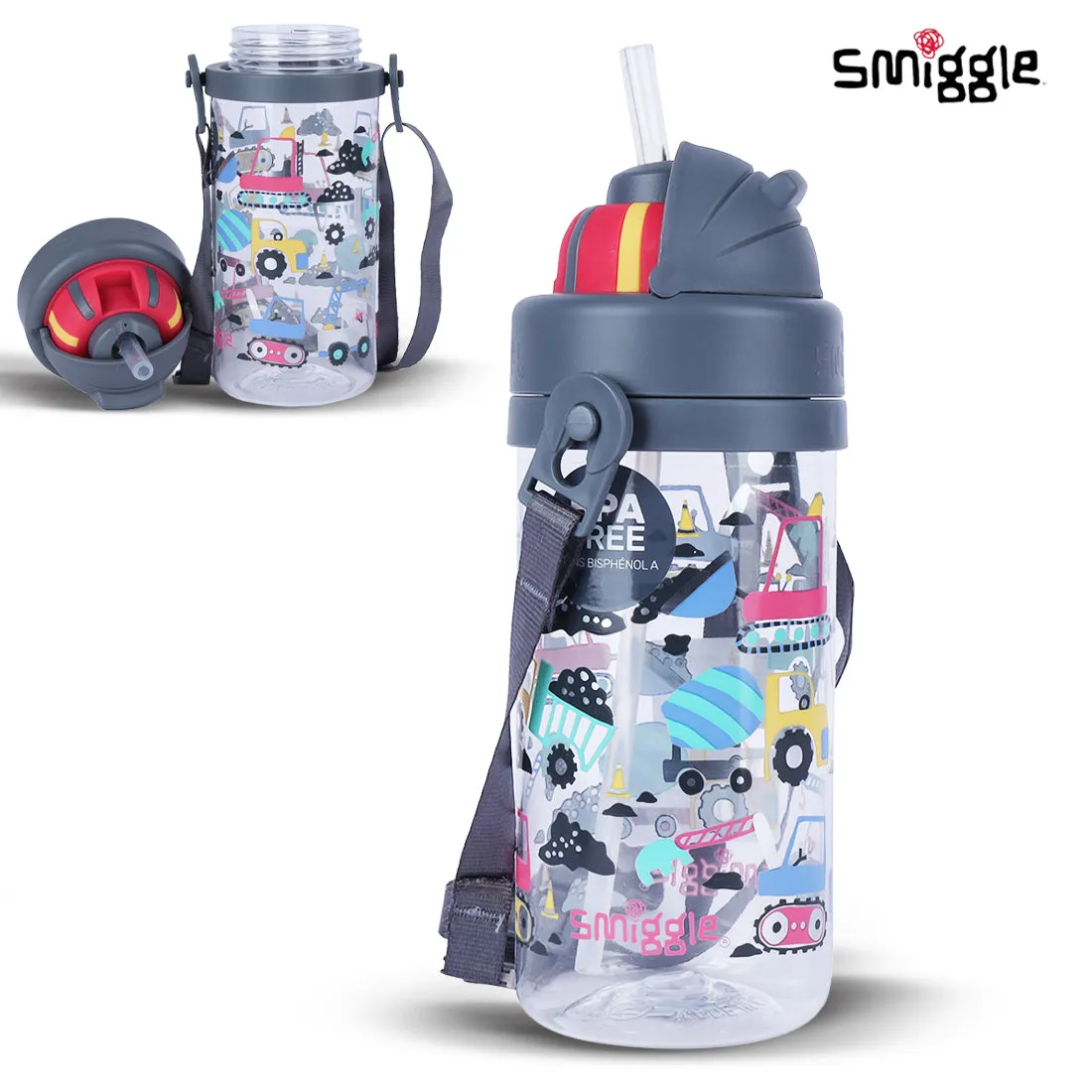 Smiggle Glide Teeny Tiny Plastic Drink Bottle With Strap 400Ml Grey, 3Y 