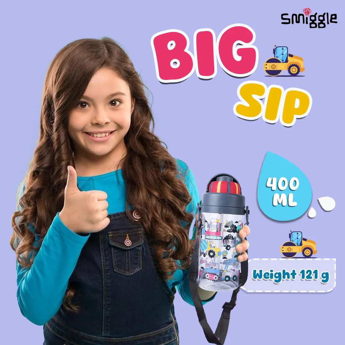 Smiggle Glide Teeny Tiny Plastic Drink Bottle With Strap 400Ml Grey, 3Y 