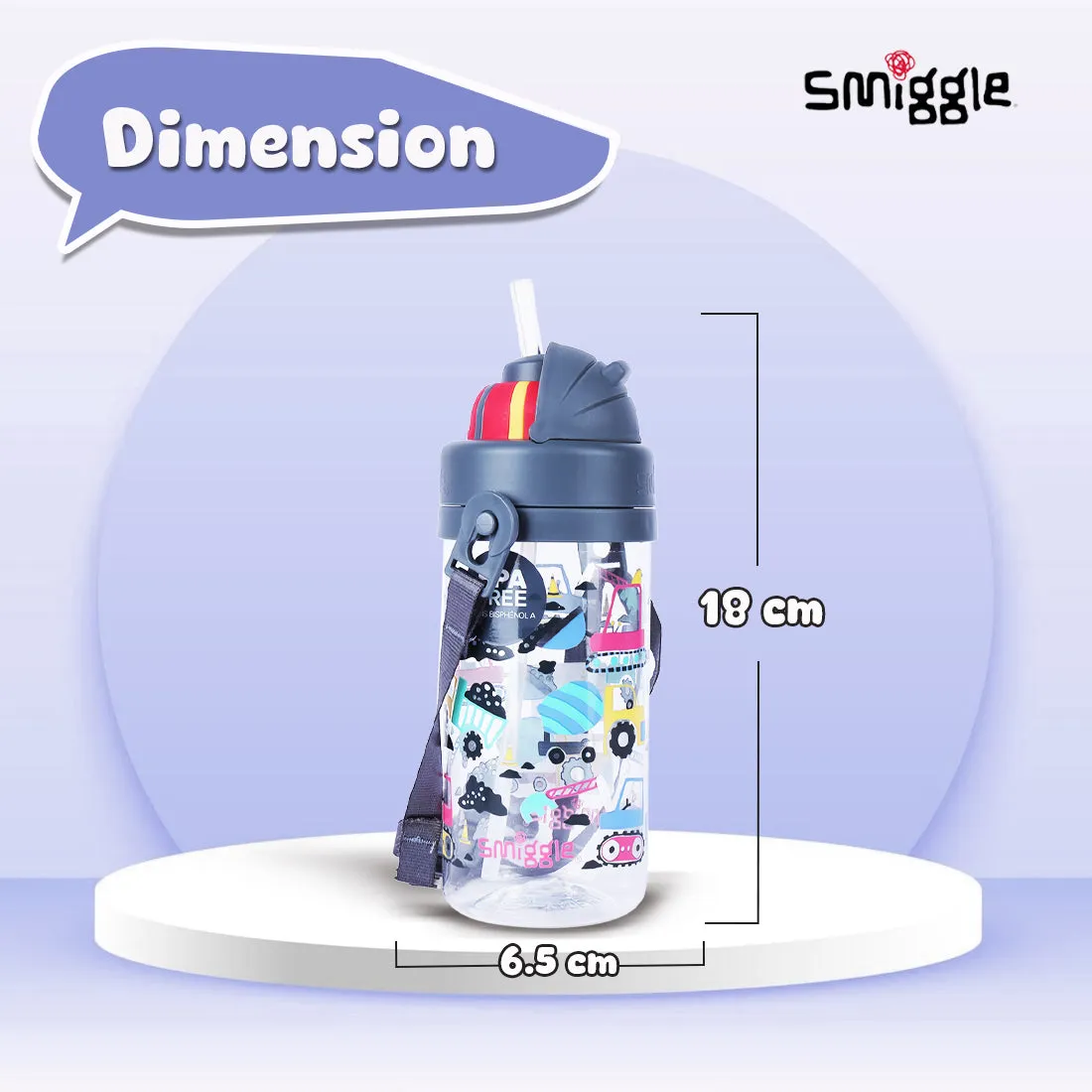 Smiggle Glide Teeny Tiny Plastic Drink Bottle With Strap 400Ml Grey, 3Y 