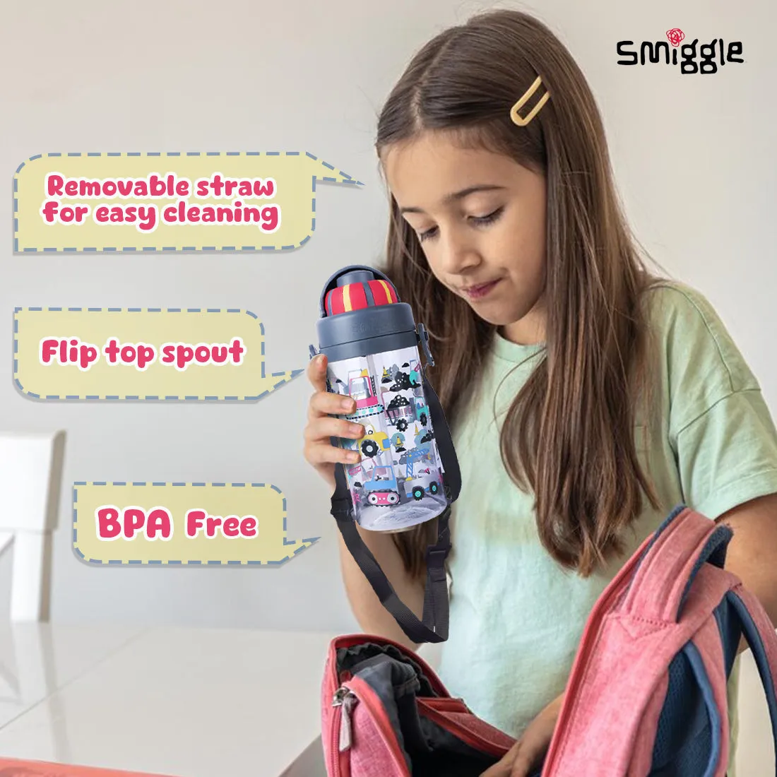 Smiggle Glide Teeny Tiny Plastic Drink Bottle With Strap 400Ml Grey, 3Y 