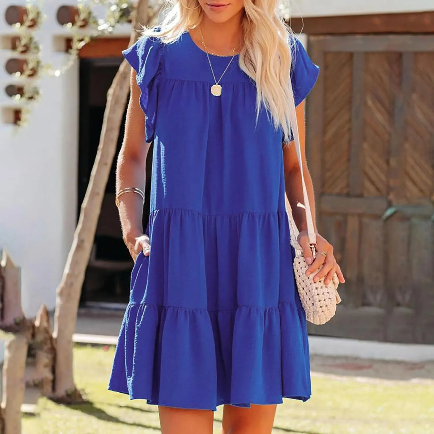 Spring Dresses for Women 2025 Summer Pleated Vacation Dresses Casual Crew Neck Short Sleeve Plus Size Midi Dresses