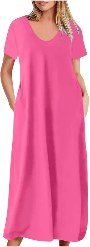 Spring Summer Solid Color Dresses for Women Plus Size Loose V-Neck Swing Pleated Short Sleeve Formal Party Dress