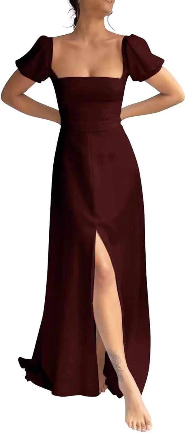 Square Neck Long Wedding Dress for Bride Chiffon A-line Prom Dresses with Slit Puffy Short Sleeves Evening Gowns