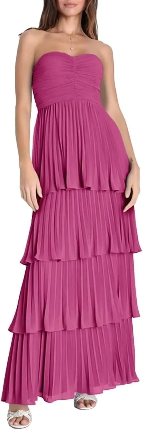 Strapless Prom Dresses 2025 Ruffle Bridesmaid Dresses Tiered Chiffon Formal Evening Dresses YH26