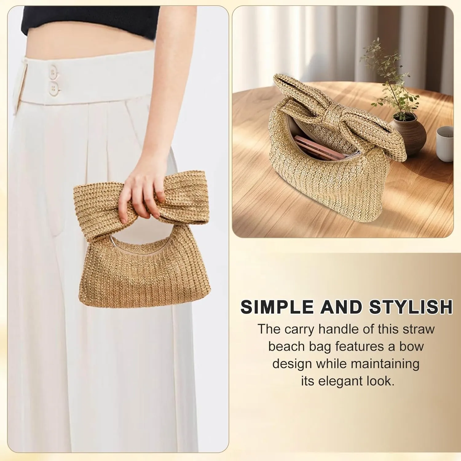 Straw Clutch Purse with Bow  Woven Raffia Handbag for Women  Summer Wedding Beach Bag