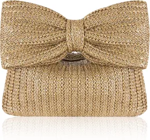Straw Clutch Purse with Bow  Woven Raffia Handbag for Women  Summer Wedding Beach Bag