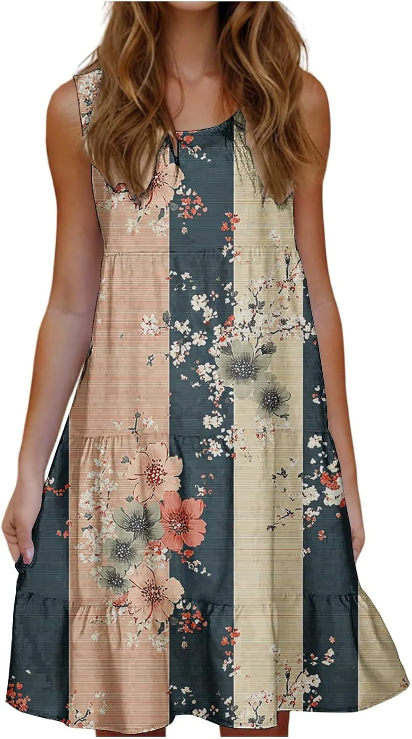 Summer Beach Dresses for Women Trendy Boho Floral Tank Dress Casual Ruffle Flowy Sundresses Vacation Outfits 2025