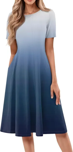 Summer Dress for Women 2025 Short Sleeve Midi Dress Elegant Flower Flowy Sundress Pleated Modest Sundresses