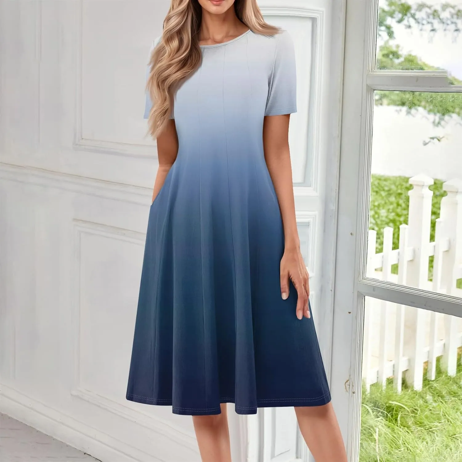 Summer Dress for Women 2025 Short Sleeve Midi Dress Elegant Flower Flowy Sundress Pleated Modest Sundresses