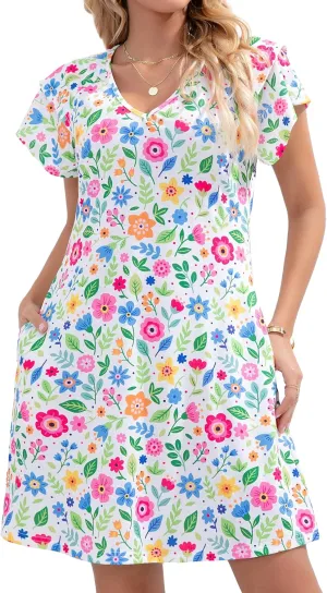 Summer Dresses for Women 2025 Beach Casual Sundress Floral V Neck A-line Dress Short Ruffle Sleeve Boho Dresses with Pockets
