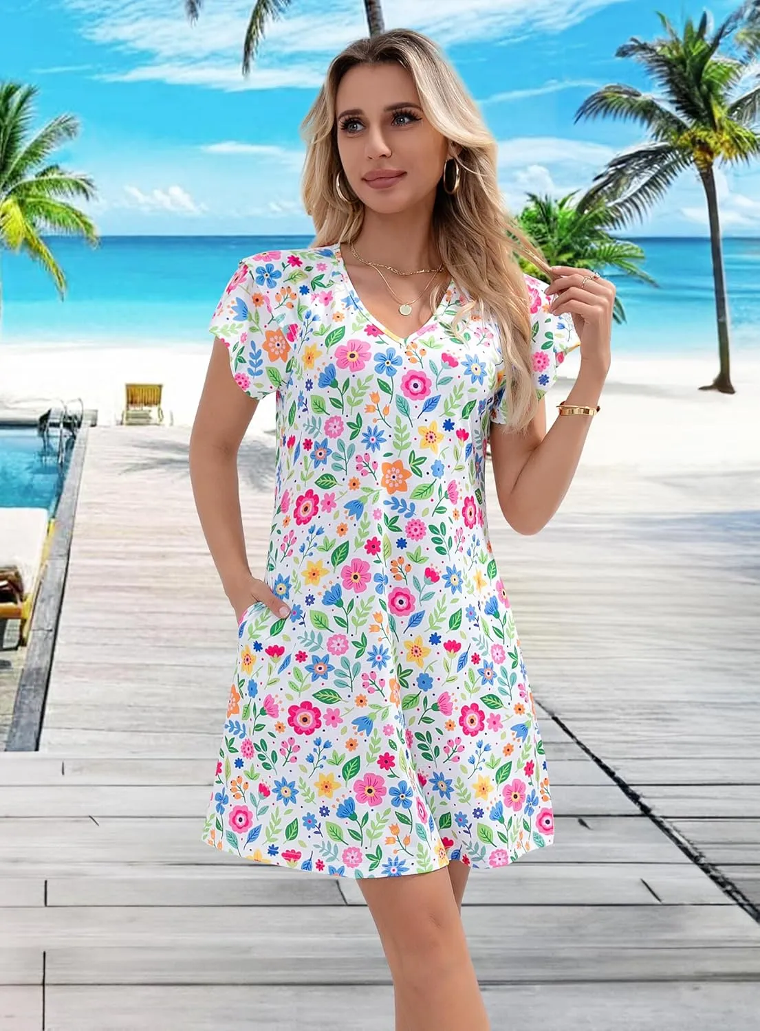 Summer Dresses for Women 2025 Beach Casual Sundress Floral V Neck A-line Dress Short Ruffle Sleeve Boho Dresses with Pockets