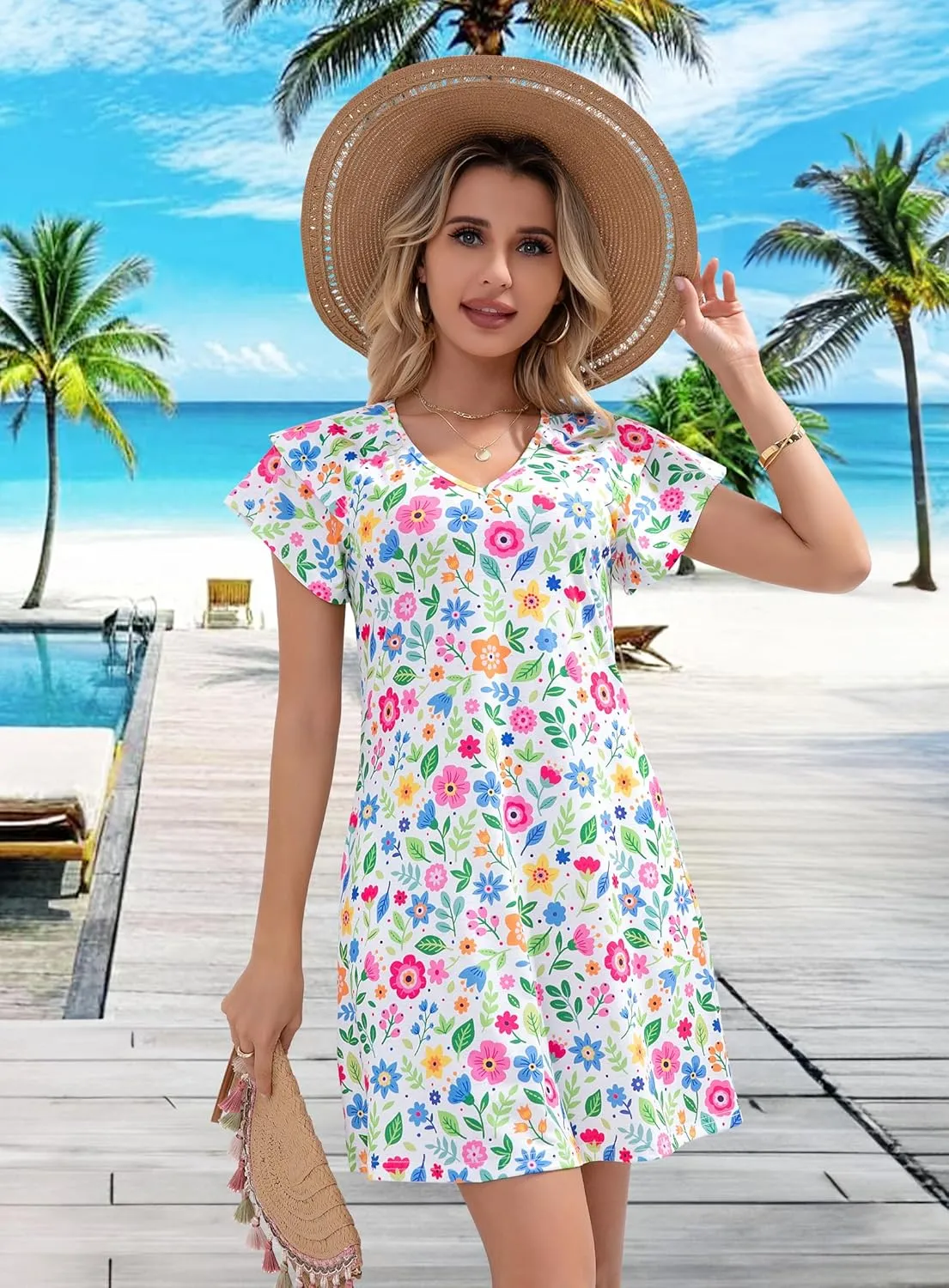 Summer Dresses for Women 2025 Beach Casual Sundress Floral V Neck A-line Dress Short Ruffle Sleeve Boho Dresses with Pockets