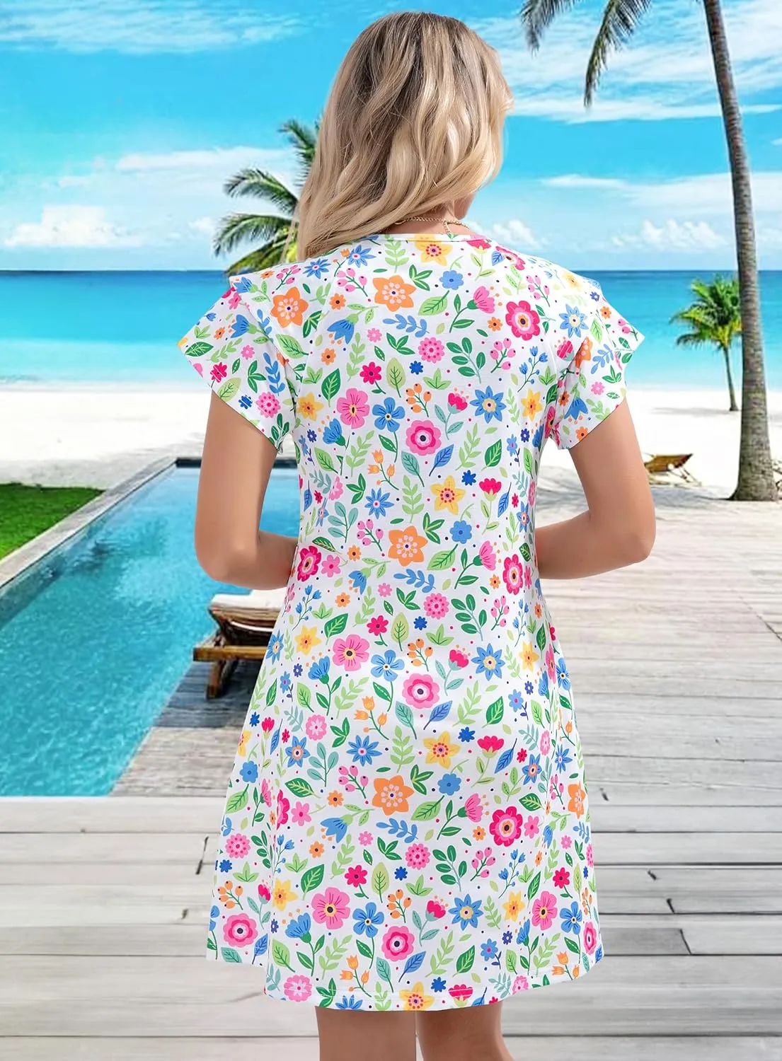 Summer Dresses for Women 2025 Beach Casual Sundress Floral V Neck A-line Dress Short Ruffle Sleeve Boho Dresses with Pockets