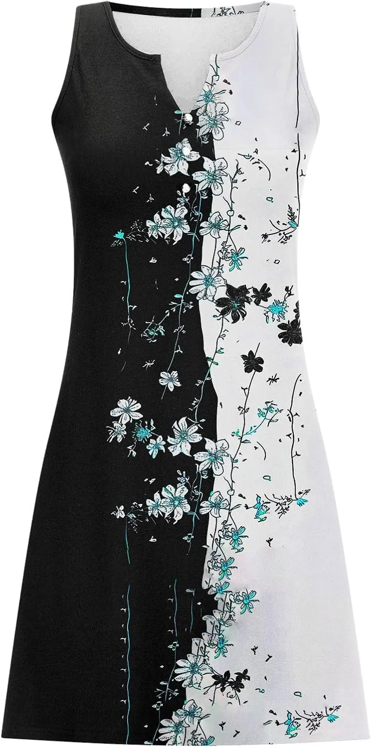 Summer Dresses for Women 2025 Beach Vacation Boho Floral Tunic Dress Sexy v Neck Sleeveless Mini Tank Sundress